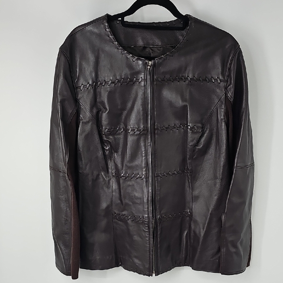 Tag Removed Jackets & Blazers - Rich Brown Front Leather Back Sweater Jacket wStitch Design Cozy Office Polished
